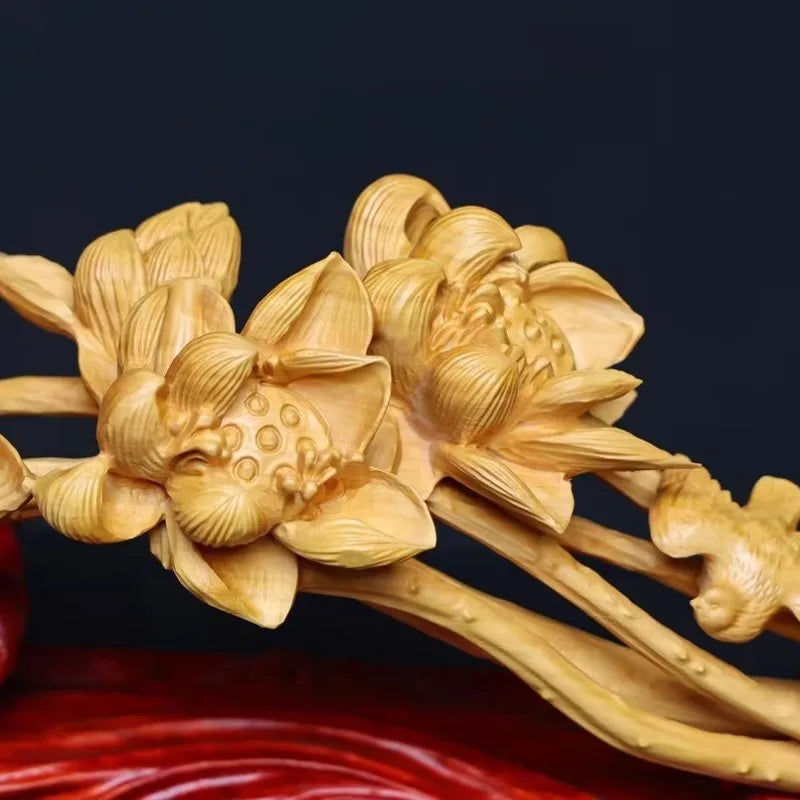 Artisan d'Asie Ruyi Ruyi lotus de bonne fortune sculpté en bois de buis
