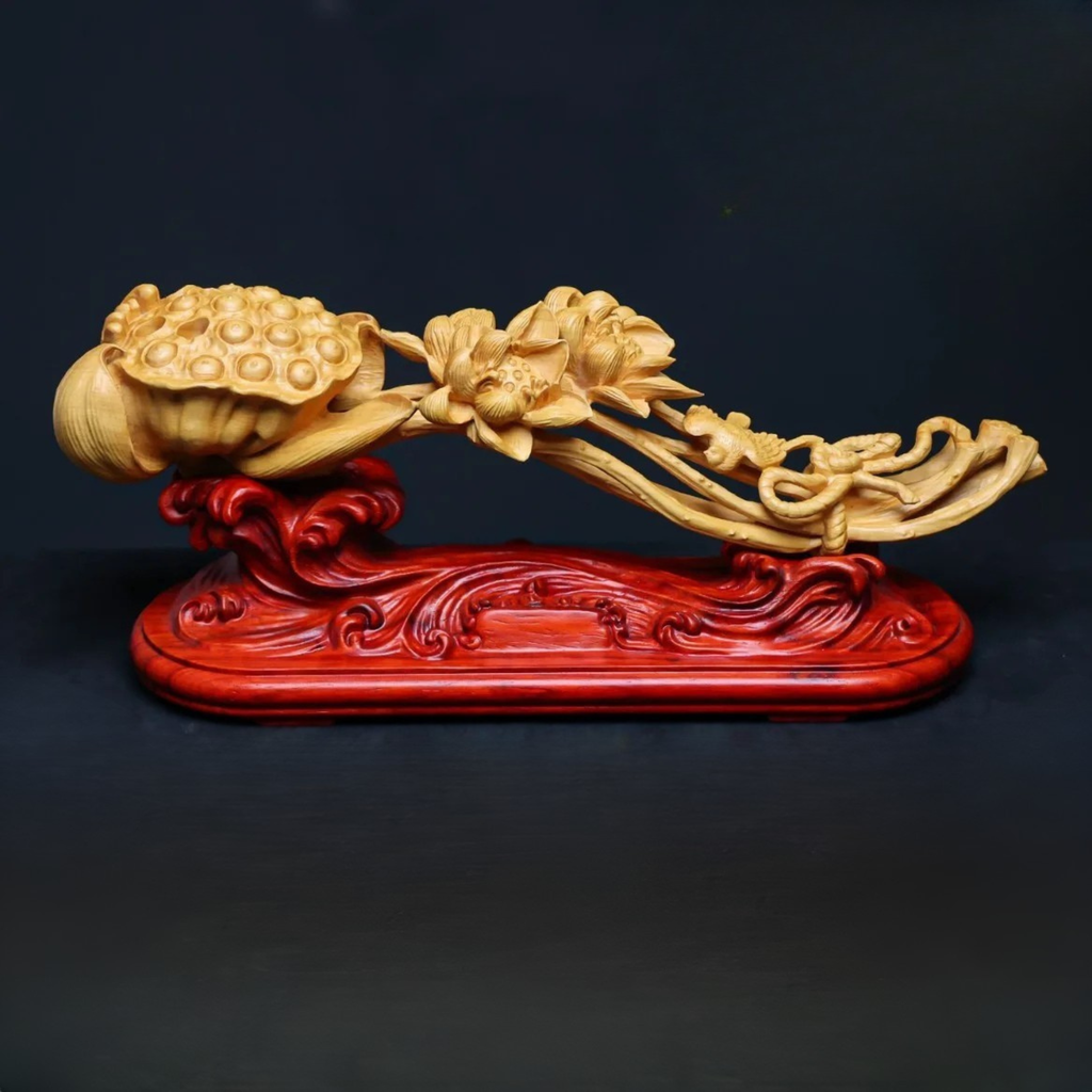 Artisan d'Asie Ruyi Ruyi lotus de bonne fortune sculpté en bois de buis