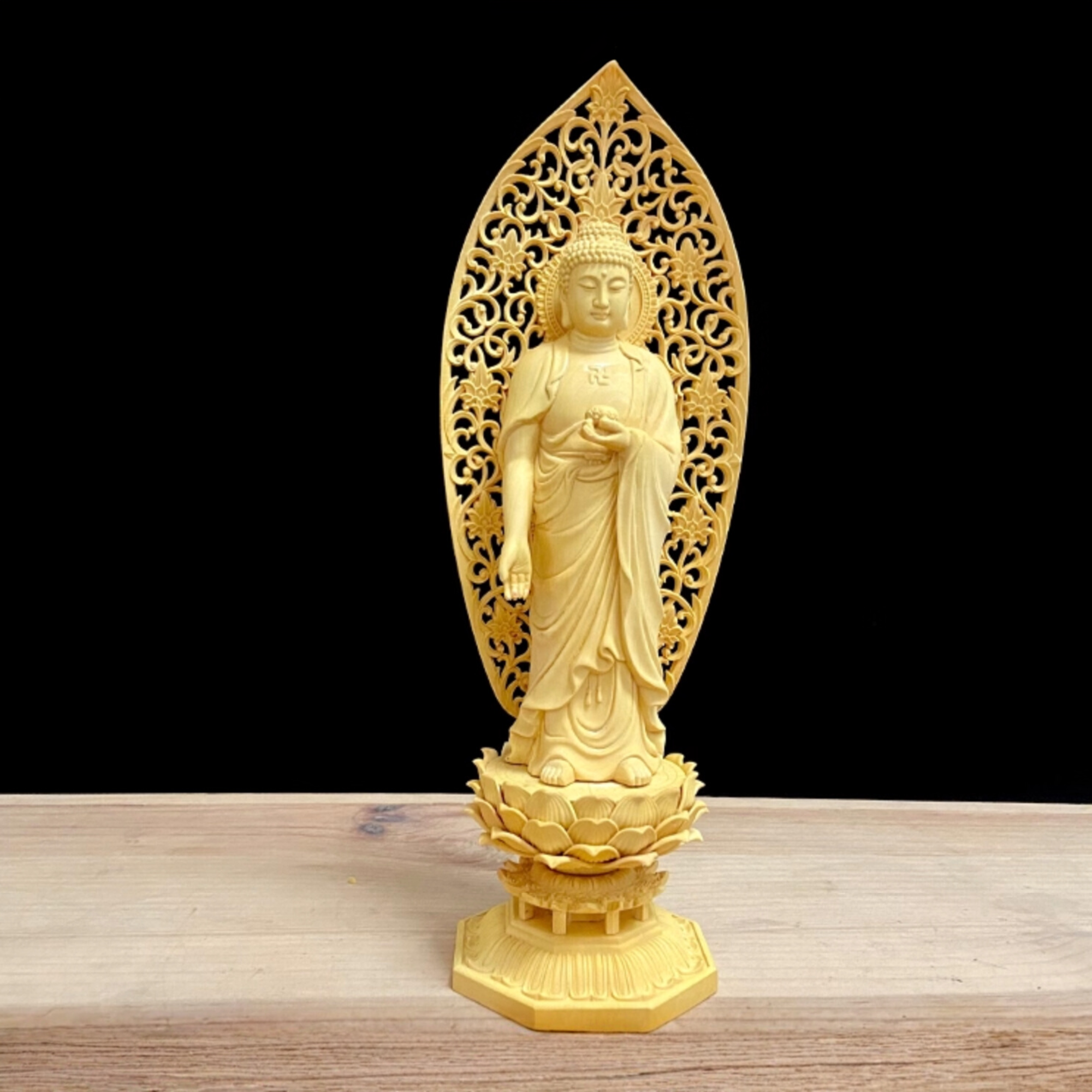 Artisan d'Asie Statues Bouddha Bouddha Amitabha Lot de statues des Trois Saints de l'Ouest en bois de buis