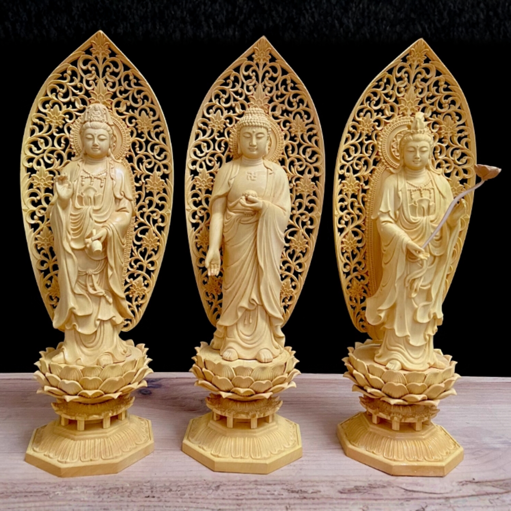 Artisan d'Asie Statues Bouddha Set de 3 Pièces Lot de statues des Trois Saints de l'Ouest en bois de buis