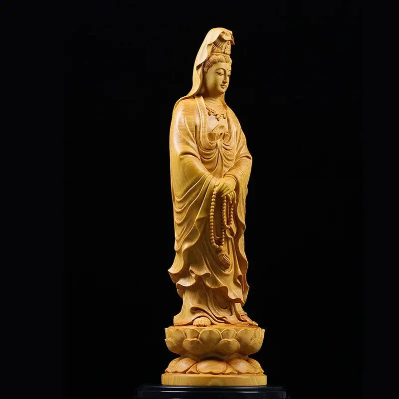 Artisan d'Asie Statues Bouddha Statue Bodhisattva Guanyin debout en bois de buis