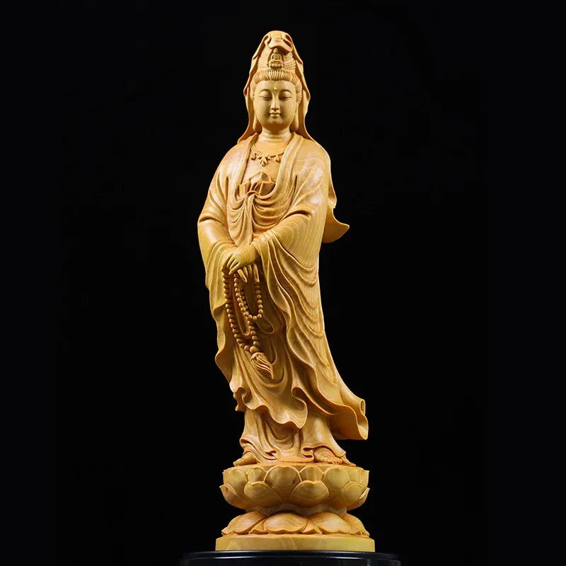 Artisan d'Asie Statues Bouddha Statue Bodhisattva Guanyin debout en bois de buis