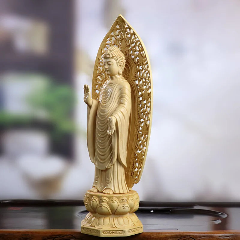 Artisan d'Asie Statues Bouddha Statue Bouddha Amitabha debout en bois de buis