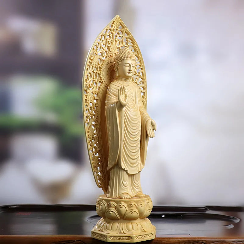 Artisan d'Asie Statues Bouddha Statue Bouddha Amitabha debout en bois de buis