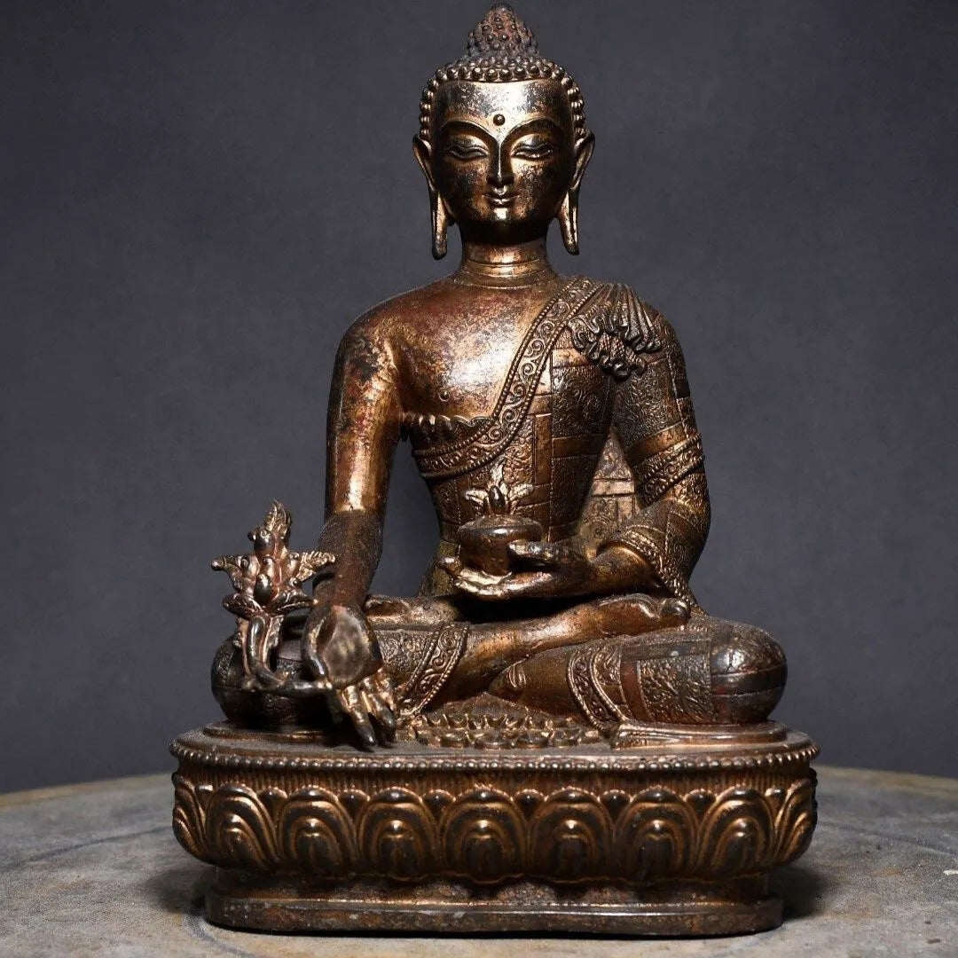 Artisan d'Asie Statues Bouddha Statue Bouddha de la médecine Bhaisajyaguru en cuivre