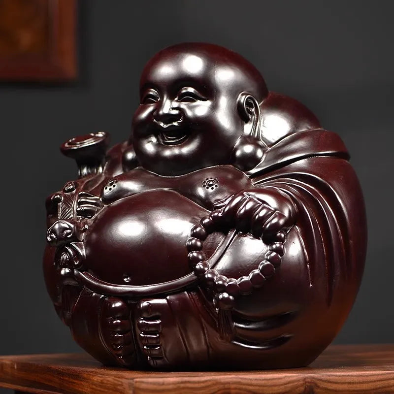 Artisan d'Asie Statues Bouddha Statue Bouddha rieur Maitreya en bois de santal noir