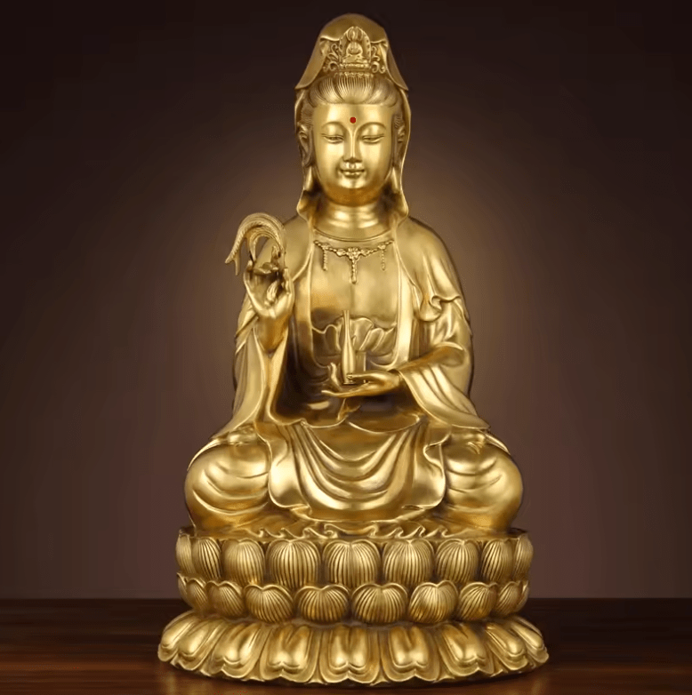 Artisan d'Asie Statues Bouddha XS - 16 cm Statue Bodhisattva Guanyin en cuivre jaune