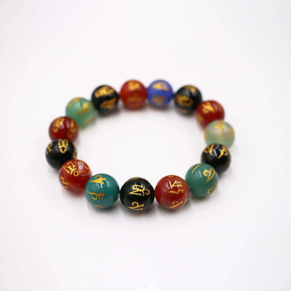 Artisan d'Asie Bracelets Malas S (18 cm) Bracelet mala en pierre d'agate colorée motif om mani padme hum