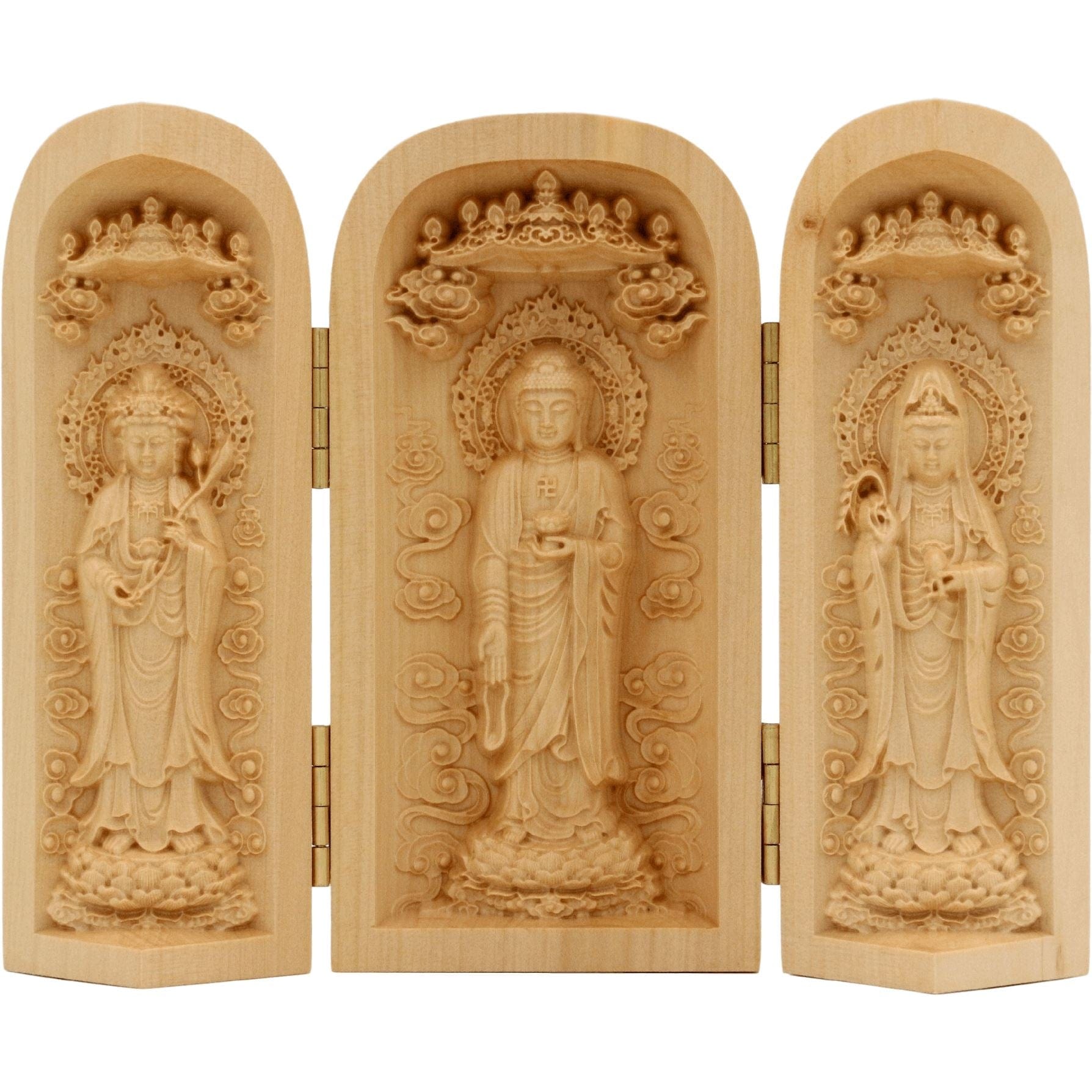 Artisan d'Asie Statues Bouddha Coffret de 3 statuettes artisanales en bois - Bouddha Amitabha - Design 1