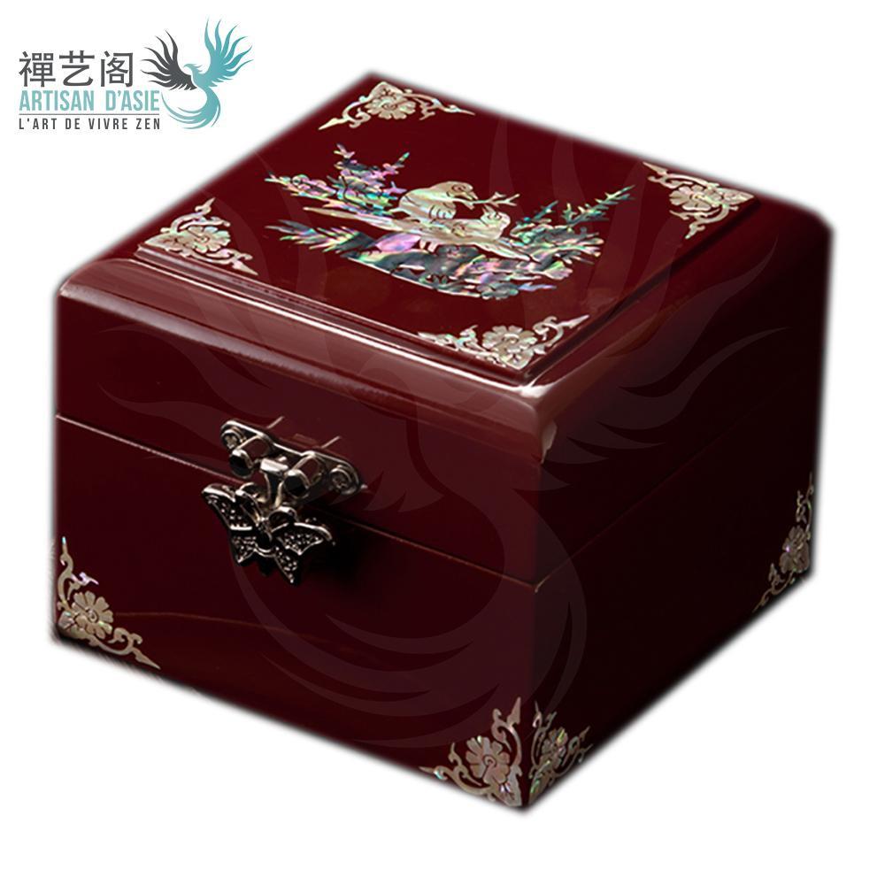 Caja de joyería cuadrada china, pájaros perla y madera lacada