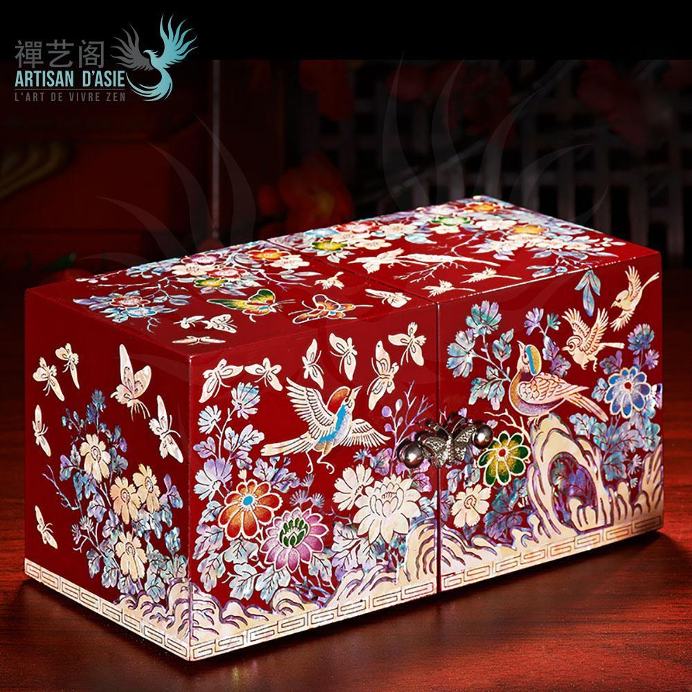 Caja de joyería china en nácar y madera de encaje