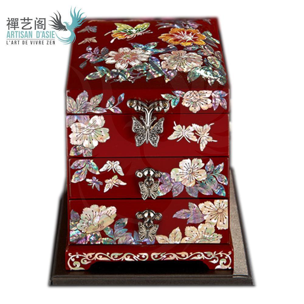 Joyero chino con flores en nácar y madera lacada