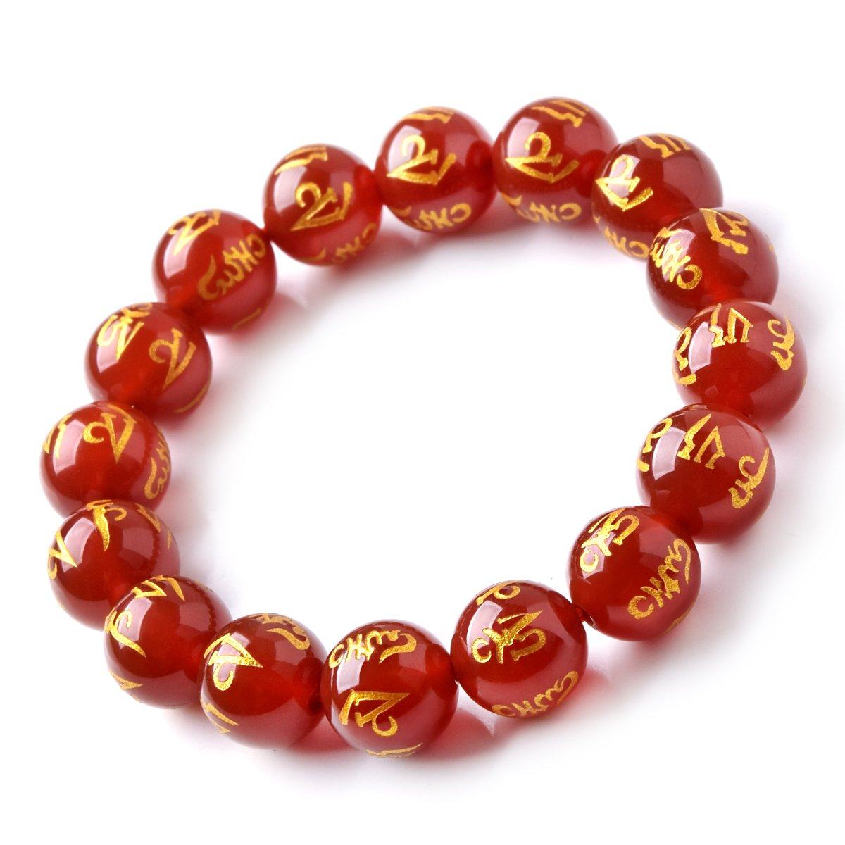 Bracelet mala en pierre d'agate rouge motif om mani padme hum Bracelets Malas Artisan d'Asie 