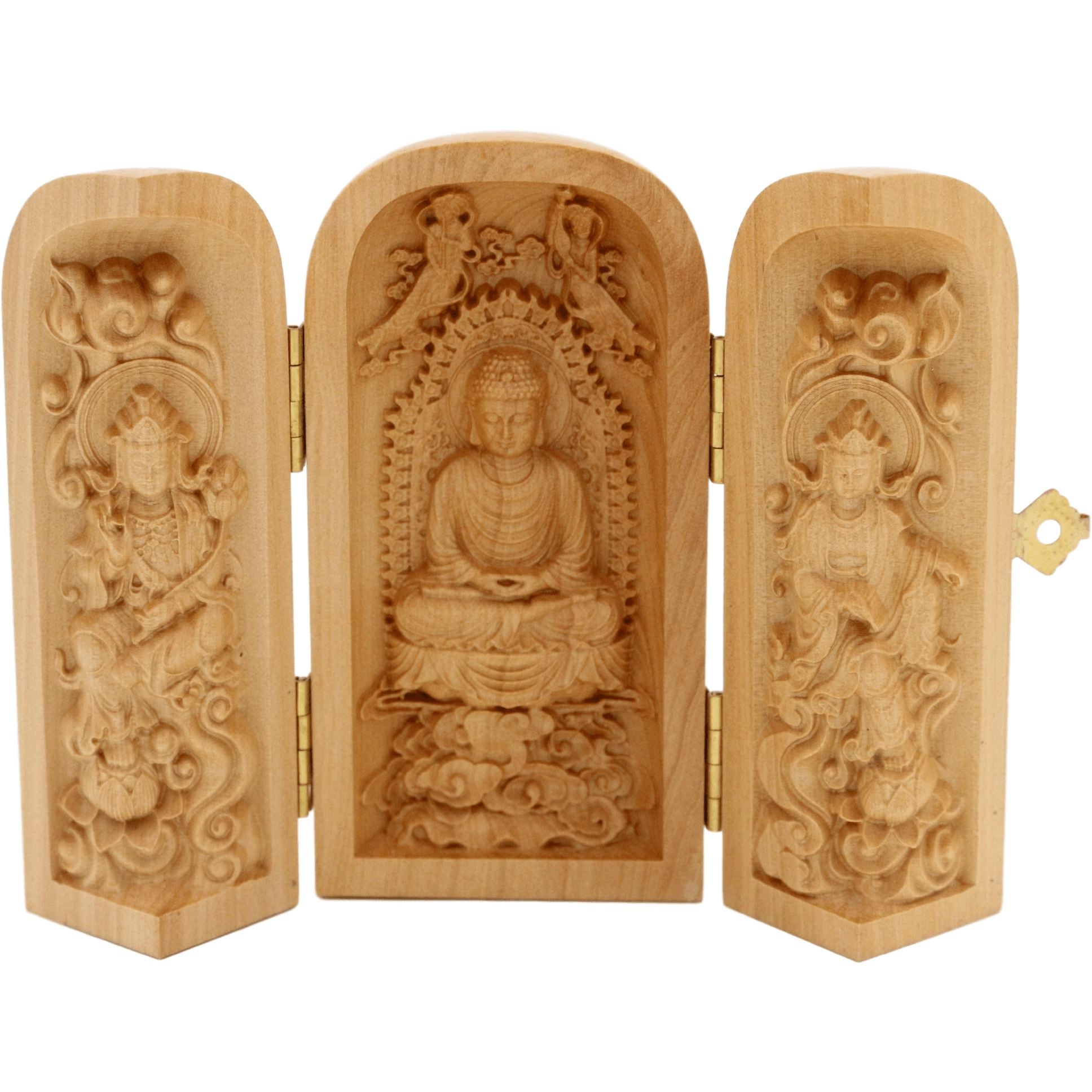 Caja de 3 estatuillas de madera artesanales - Buda Amitabha - Diseño 3