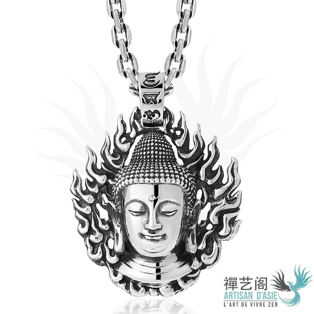 Pendentif Bouddha Amitabha et Feu en Argent Massif S925 Pendentifs & Amulettes Artisan d'Asie 