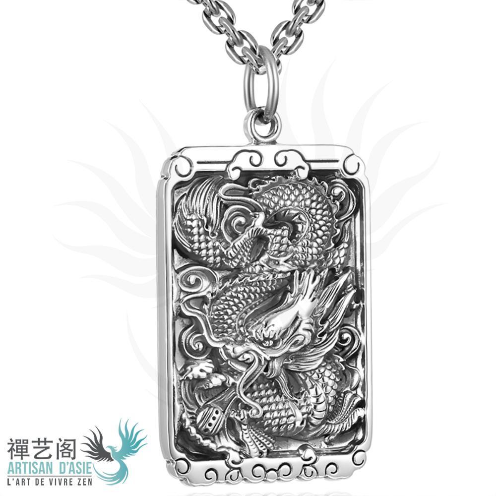 Pendentif Carré Dragon en Argent Pur 999/1000 Pendentifs & Amulettes Artisan d'Asie 