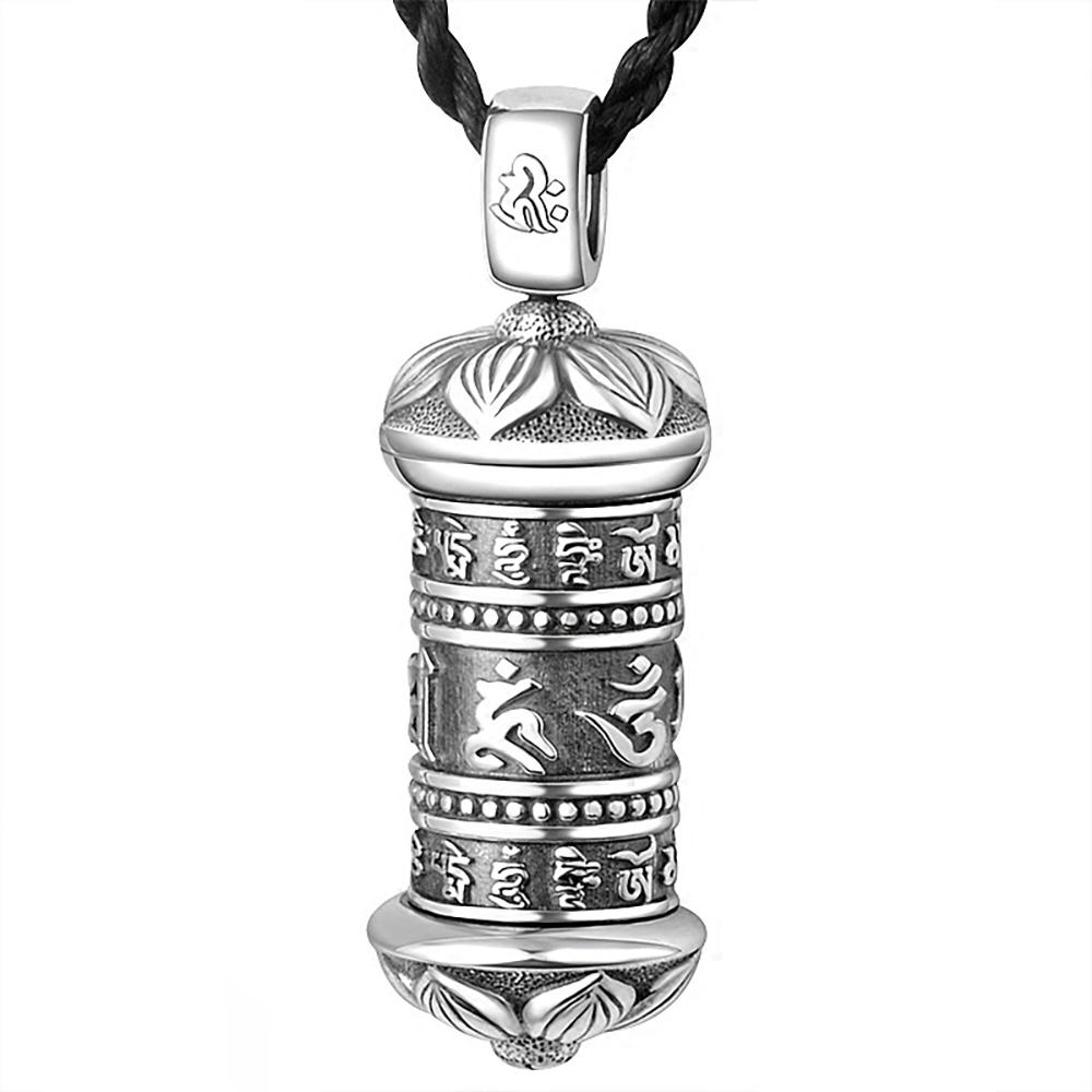 Colgante de plata esterlina Mantra OM Molino de oración S925 con flor de loto