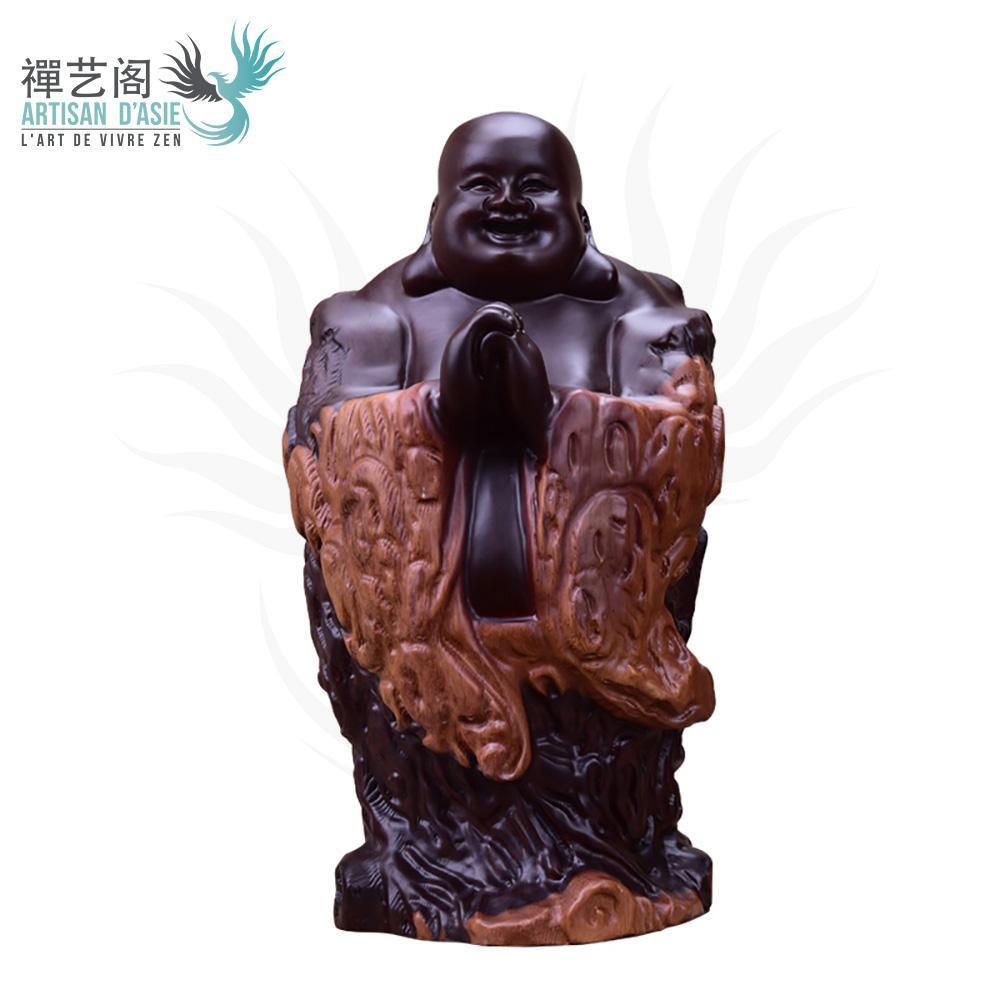 Statue Bouddha rieur Maitreya en bois de santal noir ou bois de padouk