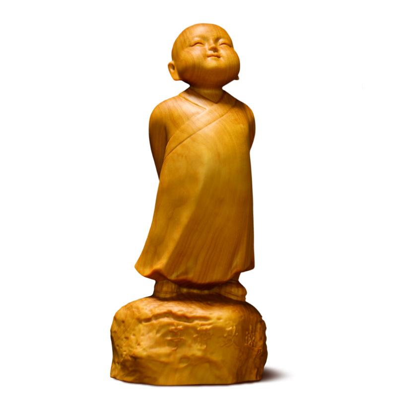 Statue de moine sur un rocher en bois de buis Statues Bouddha Artisan d'Asie 